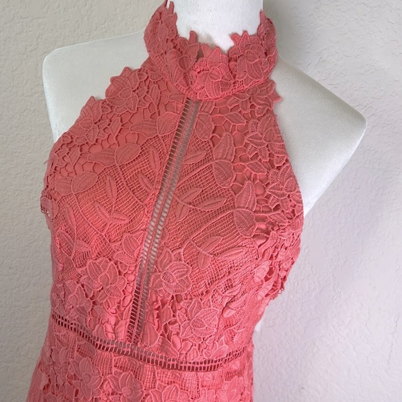 Bardot RTR Coral Embroidered Lace Halter Midi Dress Fully Lined (8) EUC - Picture 3 of 6